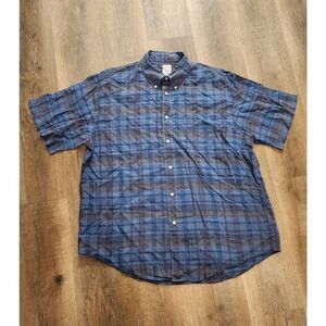 Brooks Brothers 100% Irish Linen plaid blue pocket shirt mens XL button up